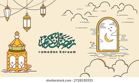 Texto de la tipografía de la línea Ramadan Kareem con adornos islámicos de luna creciente, linterna oriental y ventana, Ilustración vectorial para el diseño del cartel del evento del mes de ayuno musulmán. Traducción al árabe: Ramadan Kareem