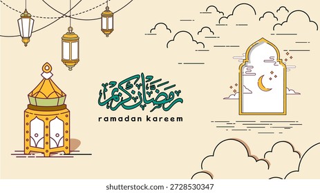 Ramadan Kareem Linie Typografie Text mit islamischen Ornamenten von Halbmond, östliche Laterne und Fenster, Vektorgrafik für muslimischen Fastenmonat Event Plakat Design. Arabische Übersetzung: Ramadan Kareem