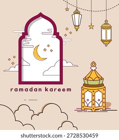 Texto de la tipografía de la línea Ramadan Kareem con adornos islámicos de luna creciente, linterna oriental y ventana, Ilustración vectorial para el diseño del cartel del evento del mes de ayuno musulmán.