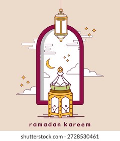 Ramadan Kareem Linie Typografie Text mit islamischen Ornamenten von Halbmond, östliche Laterne und Fenster, Vektorgrafik für muslimischen Fastenmonat Event Plakat Design.