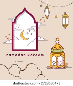 Texto de la tipografía de la línea Ramadan Kareem con adornos islámicos de luna creciente, linterna oriental y ventana, Ilustración vectorial para el diseño del cartel del evento del mes de ayuno musulmán.