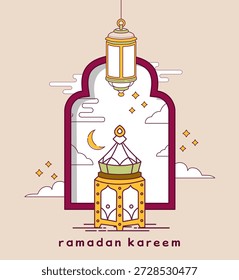 Texto tipográfico da linha Ramadan Kareem com ornamentos islâmicos da lua crescente, lanterna oriental e janela, ilustração vetorial para design de cartaz de evento do mês de jejum muçulmano.