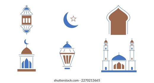 Ramadan Kareem, line vector illustration of lantern lights, moon, mosque and stars for Islamic fasting festival event