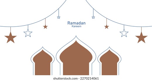 Ramadan Kareem, line vector illustration of lantern lights, moon, mosque and stars for Islamic fasting festival event