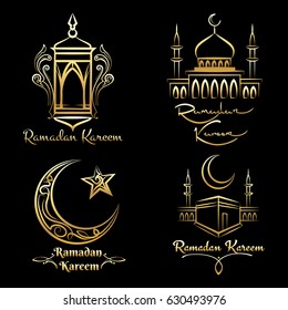 Ramadan Kareem logo set. Vector golden arabic islamic emblems isolated on black