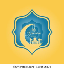 ramadan kareem logo vector with abstract mosaic white mosque upon a crescent moon shape, vector, illustration