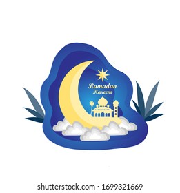 Vector con el logotipo de Ramadán Kareem, mezquita amarilla de mosaico con forma de luna creciente, vector, ilustración