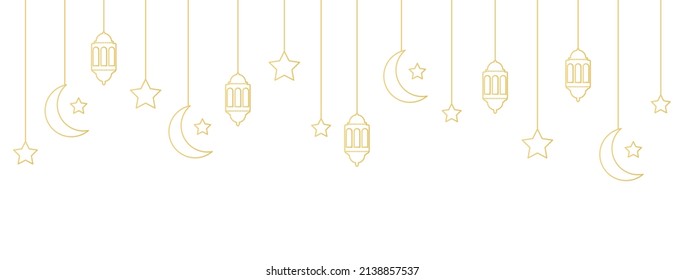 Ramadan Kareem long banner with hanging baubles. Golden lantern, crescent, star, lamp line icons. Arabian design element. Islam decoration. Greeting garland. Muslim festival. Vector illustration.