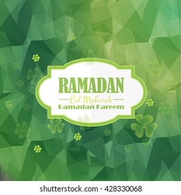 Ramadan Kareem Low Poly Background and Flying Flowers- Islamic Holy Nights Theme - Arabic "Eid Mubarak", "be Blessed" at English