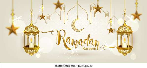 Plantilla de lujo Ramadan Kareem con dorado en luna creciente, linternas colgantes y brillantes, elemento decorativo islámico de plantilla para tarjeta de saludo,Estilo vectorial 3D
