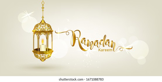 Ramadan Kareem luxurious template with crescent moon gold, crescent and shimmering hanging lanterns,template islamic ornate  element for greeting card,Vector 3D style
