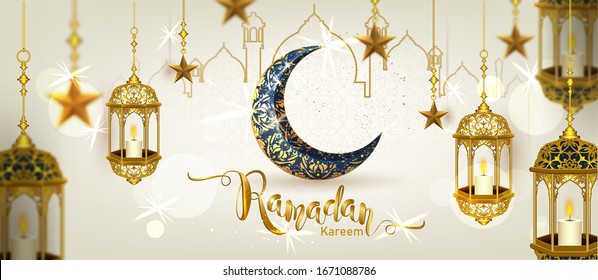 Plantilla de lujo Ramadan Kareem con dorado en luna creciente, linternas colgantes y brillantes, elemento decorativo islámico de plantilla para tarjeta de saludo,Estilo vectorial 3D
