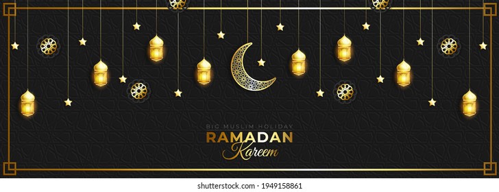 Ramadan Kareem luxurious template with crescent moon gold, crescent and shimmering hanging lanterns, template islamic ornate element for greeting card, Vector 3D style