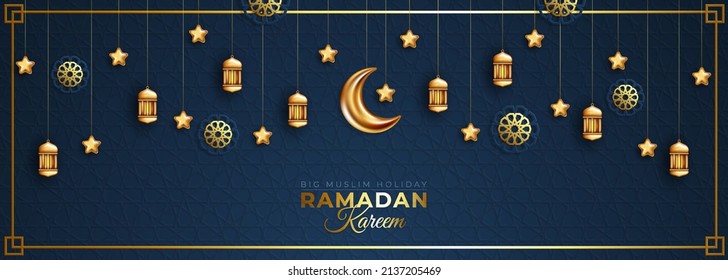 Ramadan Kareem luxurious template with crescent moon gold, crescent and shimmering hanging lanterns, template islamic ornate element for greeting card, Vector 3D style