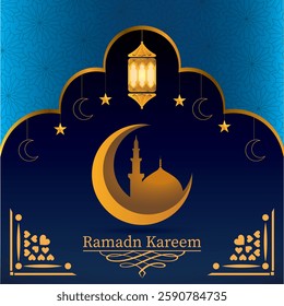 Ramadan Kareem luxury  background design with moon, mosque, lump, stars, with beautiful Islamic  background with vector illustration