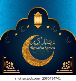 Ramadan Kareem luxury  background design with moon, mosque, lump, stars, with beautiful Islamic  background with vector illustration