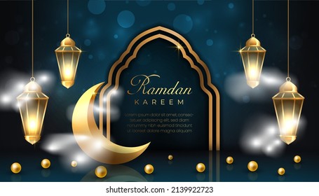 ramadan kareem luxury background with realistic lantern and moon