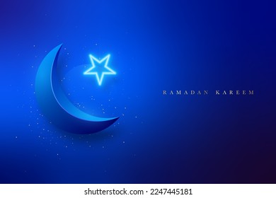 Banner de lujo Ramadan Kareem con luna creciente brillante, estrella de neón brillante y brillo dorado. Fondo azul vectorial.