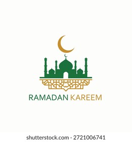 Logotipo de Vector de diseño de lujo Ramadan kareem con mezquita verde y luna creciente dorada 