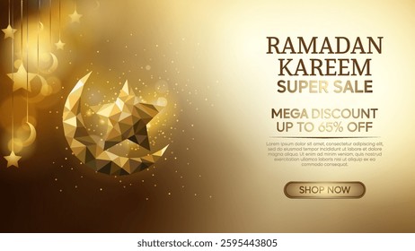 Ramadan Kareem Luxury Discount Banner with Islamic glowing crescent moon and stars background