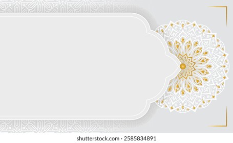 Ramadan Kareem luxury illustration with mandala design. Arabic Islamic white background banner for Eid Mubarak. Translation: "Fasting month of Muslims".