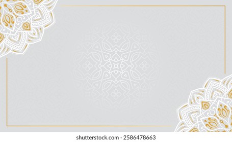 Ramadan Kareem luxury illustration with mandala design. Arabic Islamic white background banner for Eid Mubarak. Translation: "Fasting month of Muslims".
