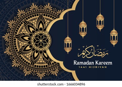 Ramadan kareem Luxury mandala with Lantern Dark background