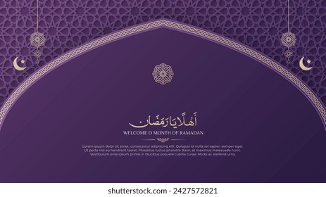 Ramadan Kareem tarjeta de felicitación ornamental de lujo con patrón árabe y borde decorativo del arco