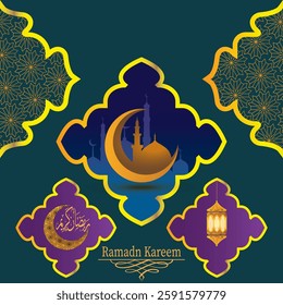 Ramadan Kareem luxury premium background design with moon, mosque, lump, stars, with beautiful Islamic background with vector illustration