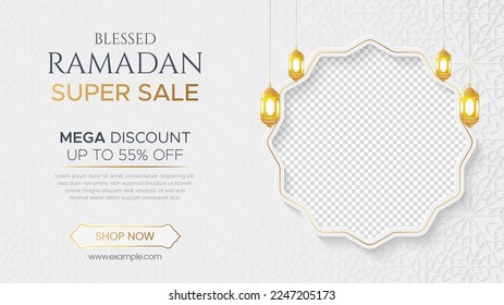 Ramadan Kareem Luxury Sale Banner, Islamic Ornament Lantern Background, Ramadan sale social media post with empty space for photo