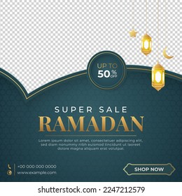 Ramadan Kareem Luxury Sale Banner, Islamic Ornament Lantern Background, Ramadan sale social media post with empty space for photo