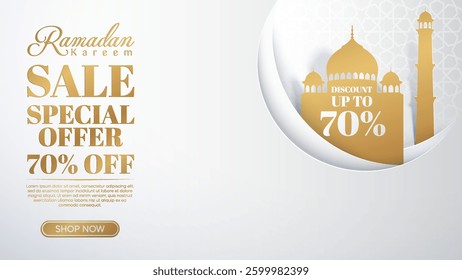 Ramadan Kareem Luxury Sale Paper Cut Mosque Banner with Elegant Islamic Patterns