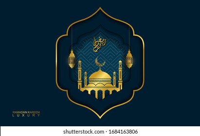 Ramadan Kareem in luxury style with Arabic calligraphy. Luxury golden mandala on dark blue background for Ramadan Mubarak