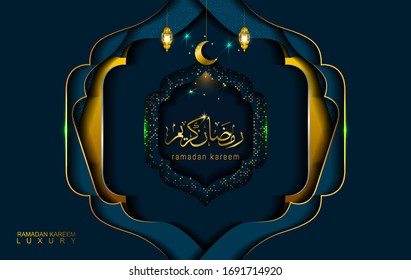 Ramadan Kareem in luxury style with Arabic calligraphy. Luxury golden mandala on dark blue background for Ramadan Mubarak