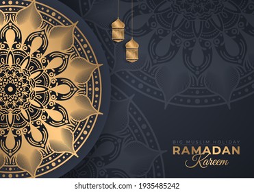 Ramadan Kareem in luxury style with golden mandala on dark background for Ramadan Mubarak