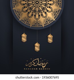 Ramadan Kareem in luxury style with golden mandala on dark background for Ramadan Mubarak