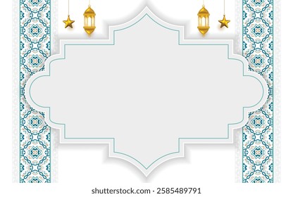 Ramadan Kareem luxury white frame illustration. Arabic Islamic elegant background banner for Eid Mubarak. Translation: "Design for the fasting month of Muslims".