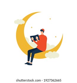 Ramadan kareem with man character read holy Quran flat illustration