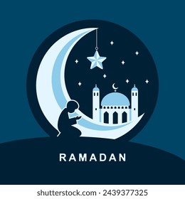 Ramadan Kareem. Man praying in front of a mosque