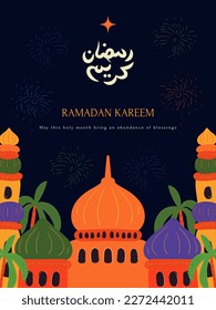 Ramadán Kareem, que este mes sagrado traiga una abundancia de bendiciones. Dibujo digital de la imagen vectorial colorida de la media luna de la palma de la mezquita.