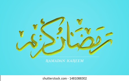 Ramadan Kareem, meaning Generous Ramadan. Creative Greeting Card Design on Bright Blue Background. Low Poly Vector 3D Rendering