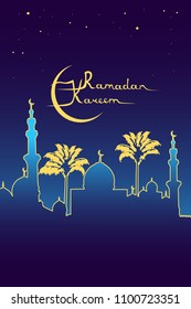 Ramadan kareem meaning "Ramadan is generous" message, golden mosque silhouette, moon and stars on the night sky
