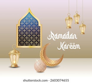 Ramadan Kareem Meaning : Happy Eid Mubarak. Eid Mubarak Decoration for Banner, poster, flyer Vector illustration, Ramadan Kareem greeting card. Template greeting card with intricate Arabic lamp.