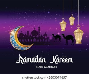 Ramadan Kareem Meaning : Happy Eid Mubarak. Eid Mubarak Decoration for Banner, poster, flyer Vector illustration, Ramadan Kareem greeting card. Template greeting card with intricate Arabic lamp.