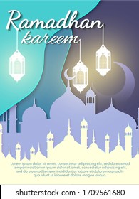 Ramadan kareem (means generous) banner for brochure, poster, flyer design and greeting card. Download Ramadan design vector with mosque and lampion illustration.