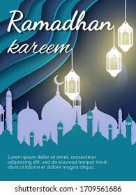 Ramadan kareem (means generous) banner for brochure, poster, flyer design and greeting card. Download Ramadan design vector with mosque and lampion illustration.