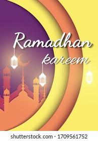 Ramadan kareem (means generous) banner for brochure, poster, flyer design and greeting card. Download Ramadan design vector with mosque and lampion illustration.