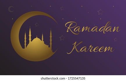 Ramadan Kareem Message with blue mosque silhouette in a crescent over a purple background. Islamic pattern