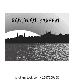 Ramadan Kareem message with mosque minarets holy monh monochrome vector illustration