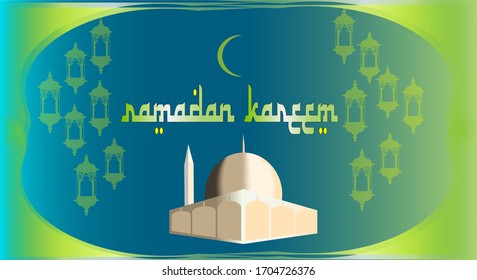 ramadan kareem message,with a mosque,crescent moon and ramadan lamp